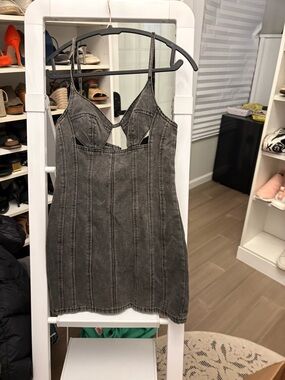 Washed Black Denim Mini Dress with Structured Bust